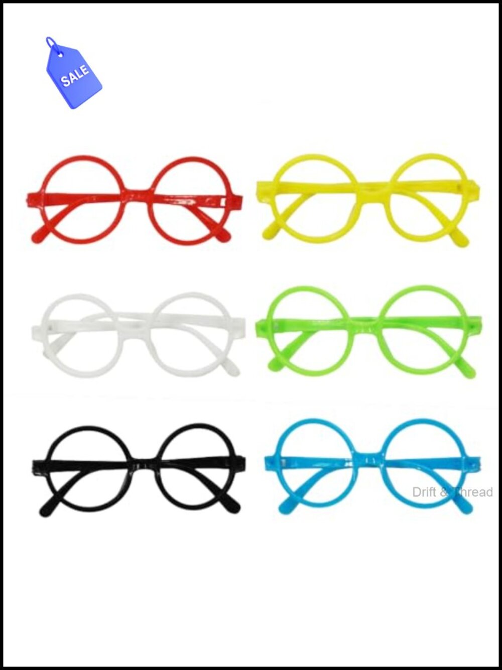 Round Frame Glasses No Lens Small Costume Eyewear, Pack of 6